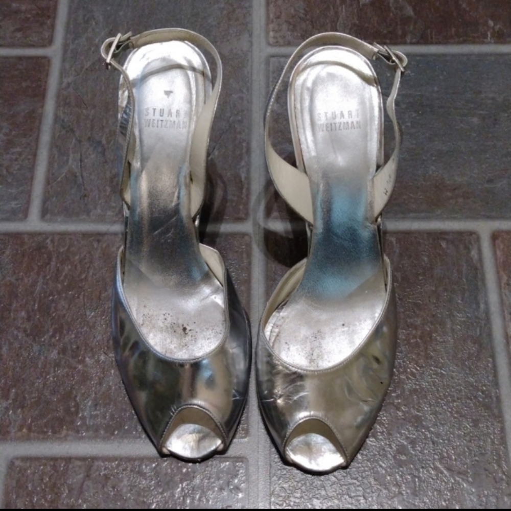 Stuart Weitzman Y2K sling back silver clear wedge heel sandal size 9.5